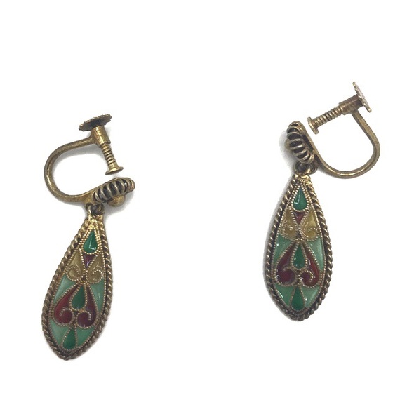 Johan G Kjaerland JGK Plique-a-Jour Sterling SilverScrew Back Earrings Antique